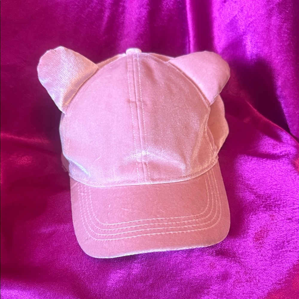 Pink Velvet Cap with Cat Ears Velcro strap one size
